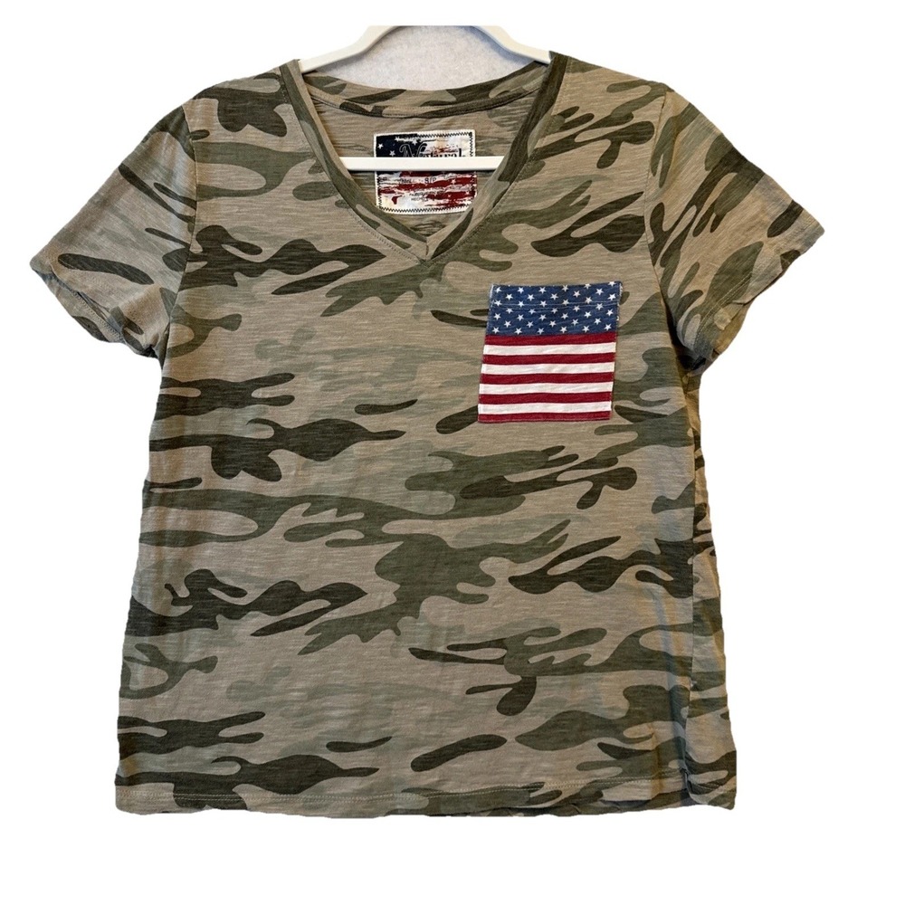 Natural Reflections Camo USA Flag Pocket Cotton T Shirt Women's S‎ Patriotic